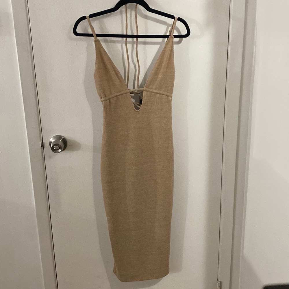 Beige/Nude : Knit spaghetti strap dress - adjustable straps - lace up back